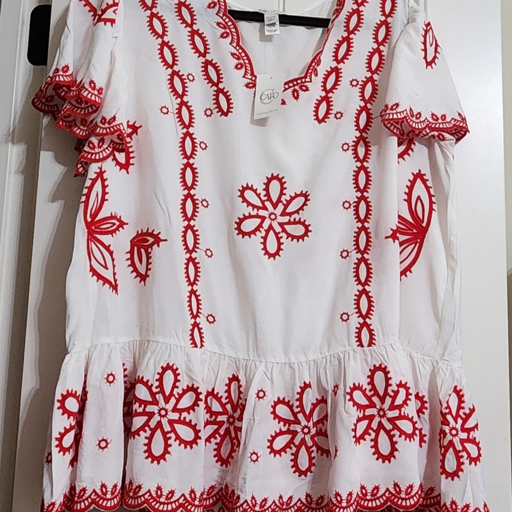 Cato Red and White Embroidered Blouse